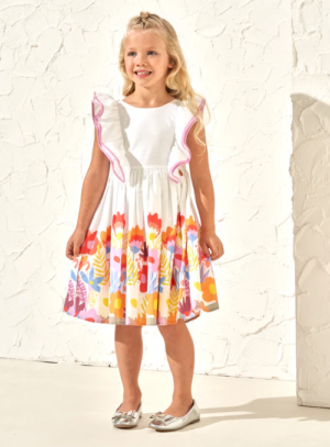 Renee White Border Print Ruffle Dress